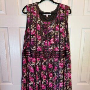 NWT Roaman's Black Floral Print Sheer Lined Pipping Sleeveless Dress 24W